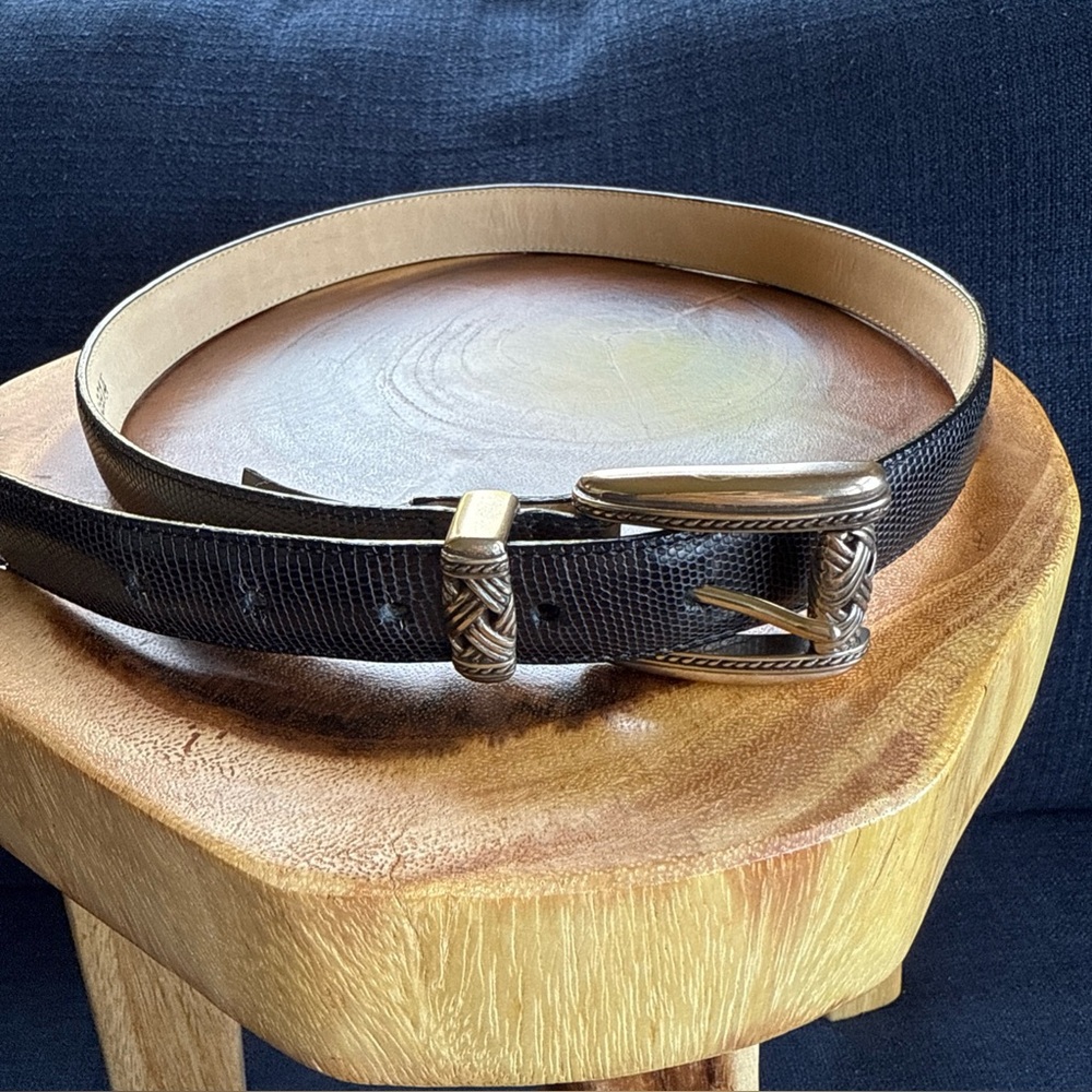 Brighton Black Ladies Belt. Size M Snakeskin Embossing. Distressed Silver Tone
